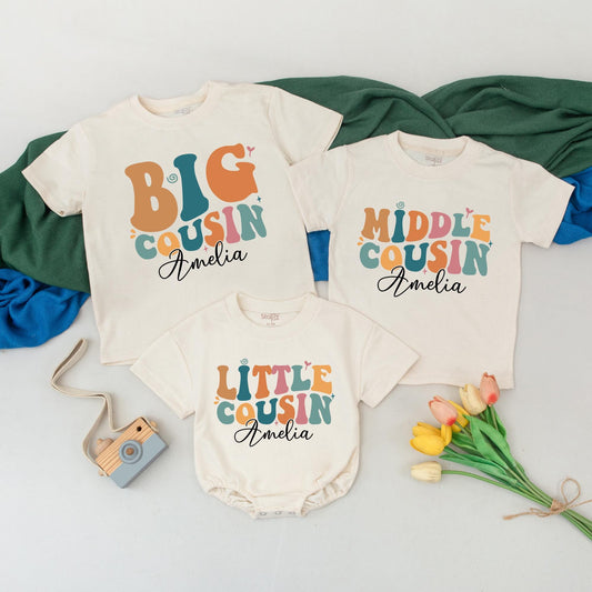 Personalized Big Middle Little Cousin Matching Shirts - Custom Name Cousin Crew Outfits - Sibling Birthday Gift - Baby Toddler Announcement