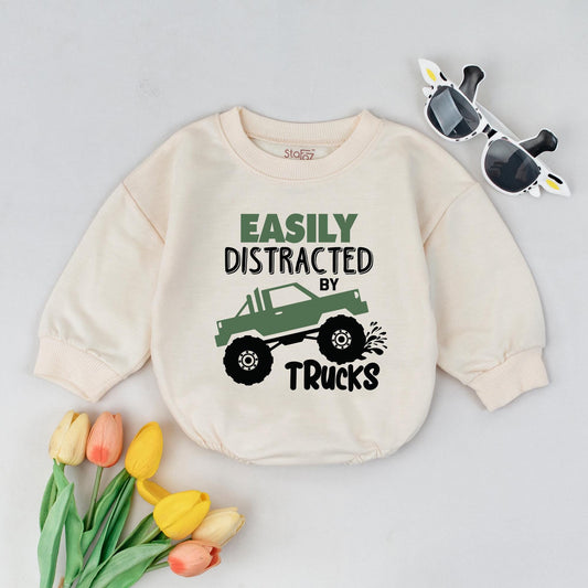Truck Lover Baby & Toddler Shirt | Boys Truck Sweatshirt Birthday Outfit | Easily Distracted by Trucks Gift | Mud Truck Top