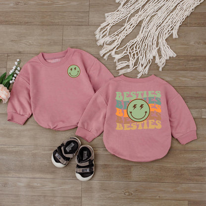 Wavy Besties Retro Smiley Face Baby One Piece Romper Newborn Girl Outfit Best Friend Gift Idea Comfortable Cotton Bubble Bodysuit