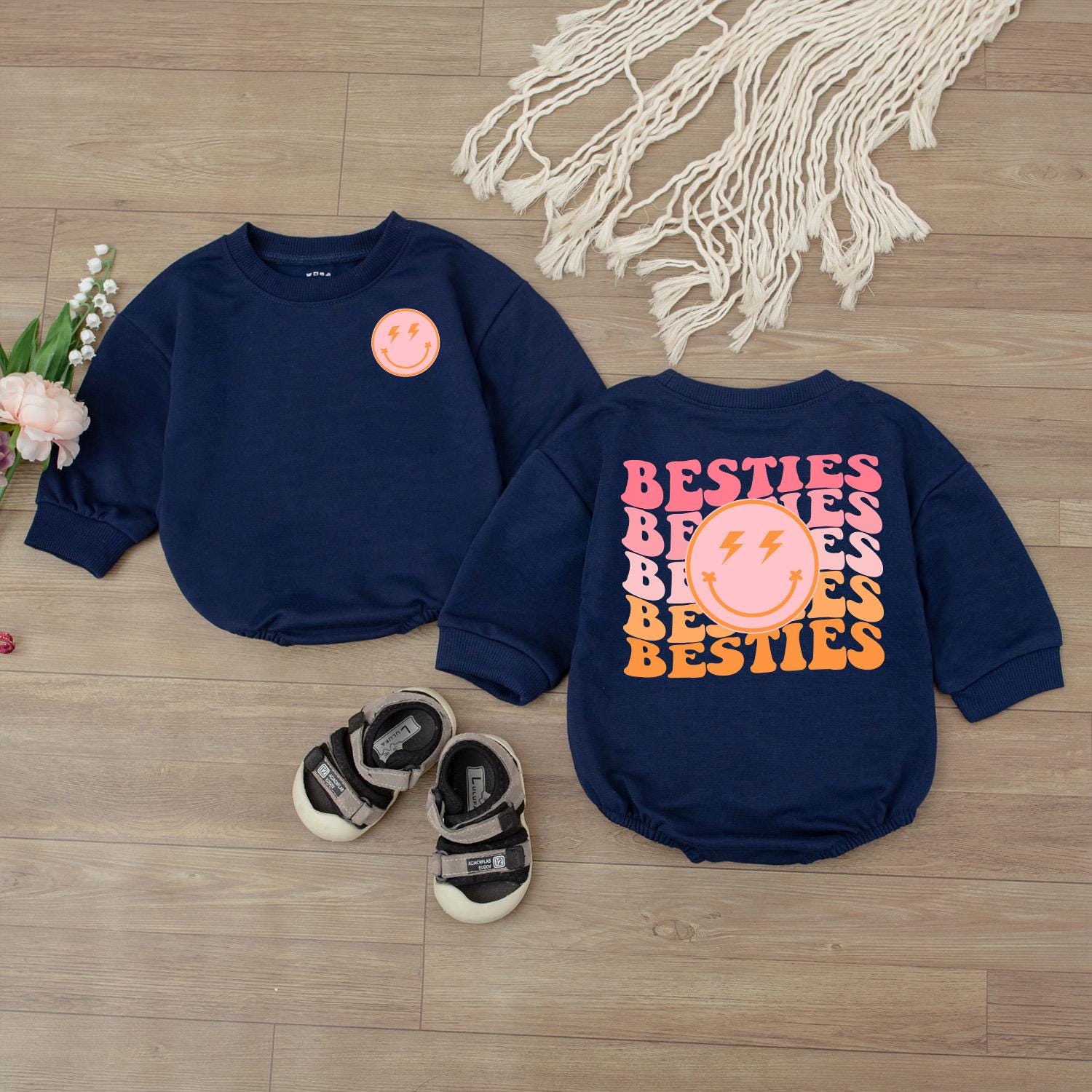 Besties Toddler Sweatshirt Mama and Me Retro Smiley Outfit Natural Infant Baby Clothing Coordinating Family Fun