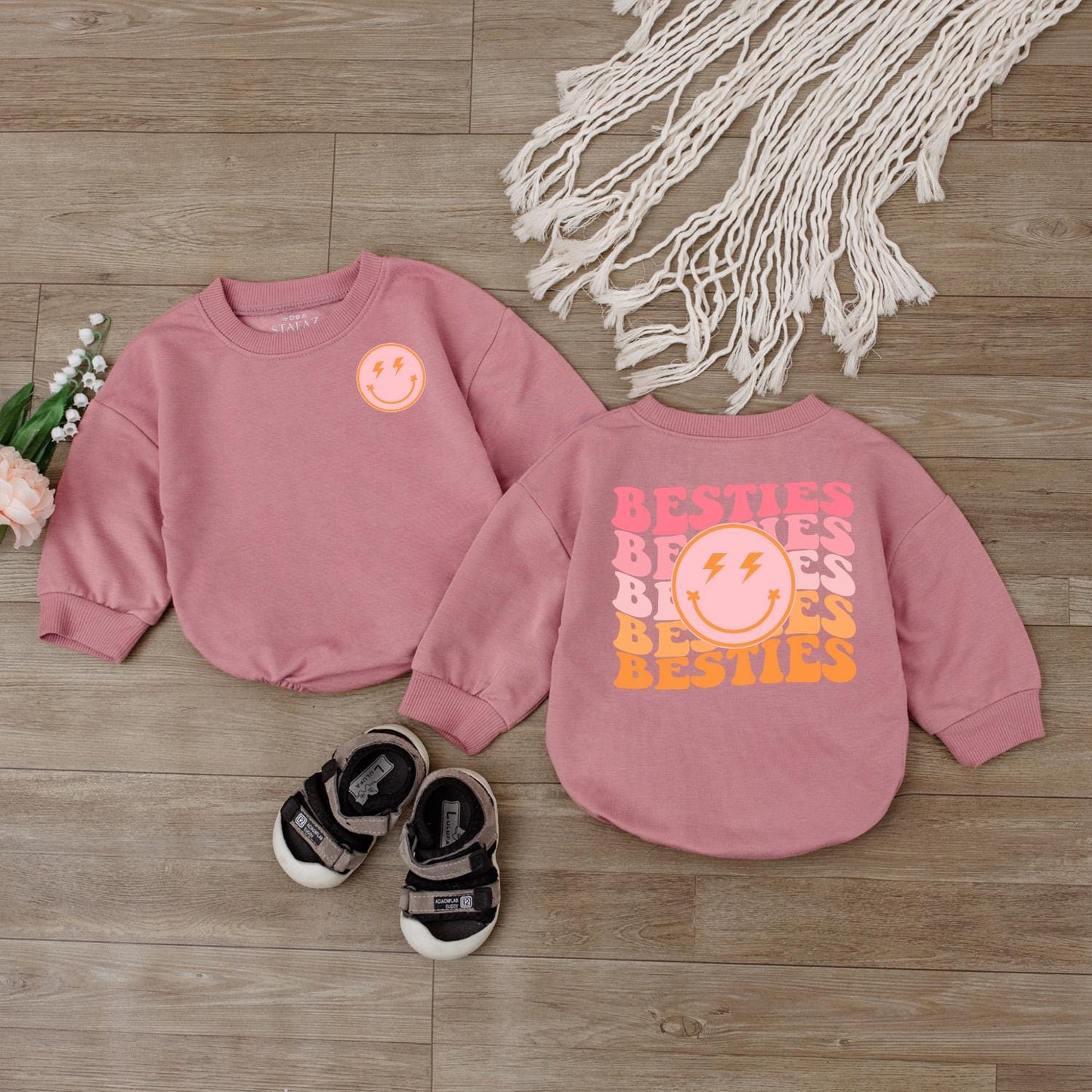 Besties Toddler Sweatshirt Mama and Me Retro Smiley Outfit Natural Infant Baby Clothing Coordinating Family Fun