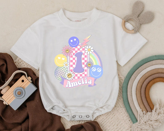 Groovy Smile Face Birthday Romper Custom Name Personalized 1st Birthday Outfit for Girl Retro Bubble Suit Happy Vibes Gift