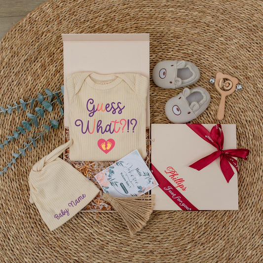 Personalized Guess What?! Baby Announcement Gift Box: Custom Bodysuit & Hat Newborn Outfit, Baby Shower Gift, Baby Boy/Girl