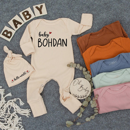 Personalized Baby Name Outfit Neutral Gift Set Hello World Bodysuit Newborn Hospital Coming Home Baby Shower Gift with red heart
