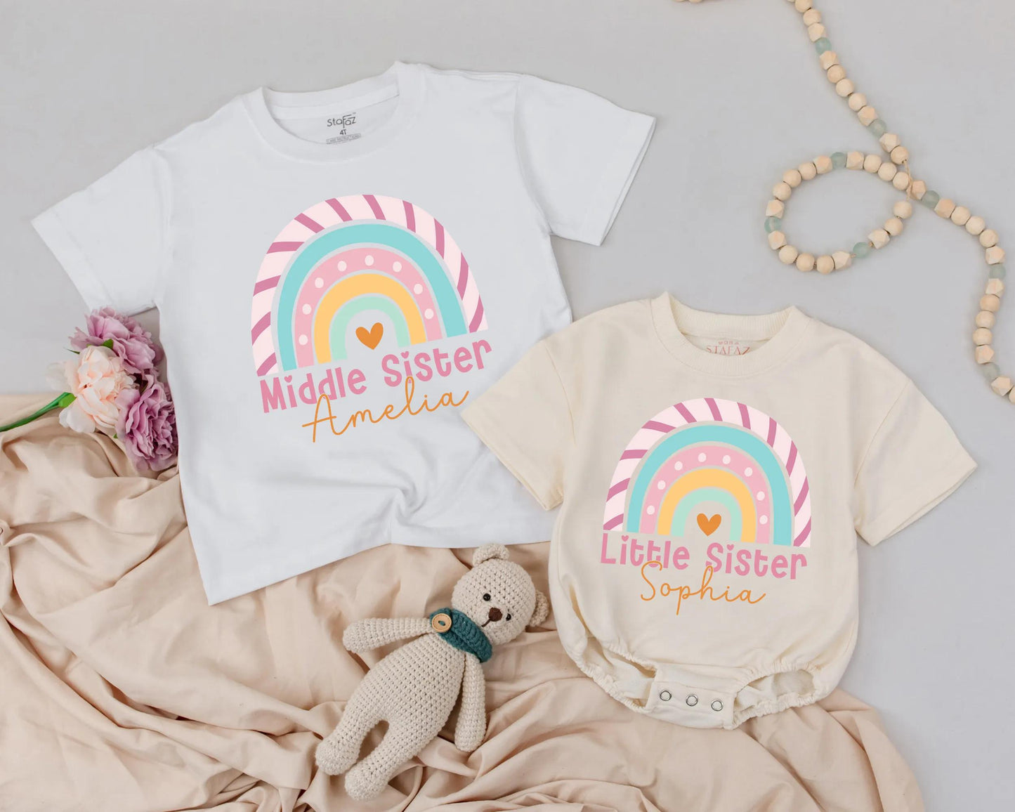 Pastel Rainbow Big Sister Little Sister Shirts Custom Name Outfit Baby Girl Romper Matching Sibling Announcement Gift