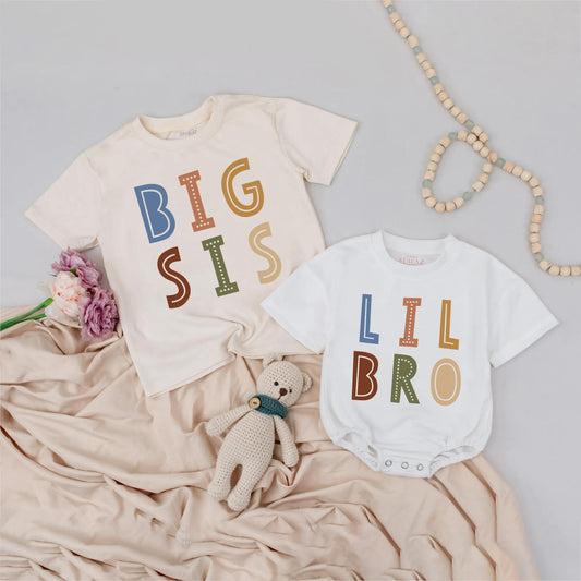 Big Sis Lil Bro Matching Outfit: Boho Sibling Shirts Set, Gender Neutral Baby Shower Gift, Aesthetic Toddler Tee, Neutral Kidswear, Modern Design 138