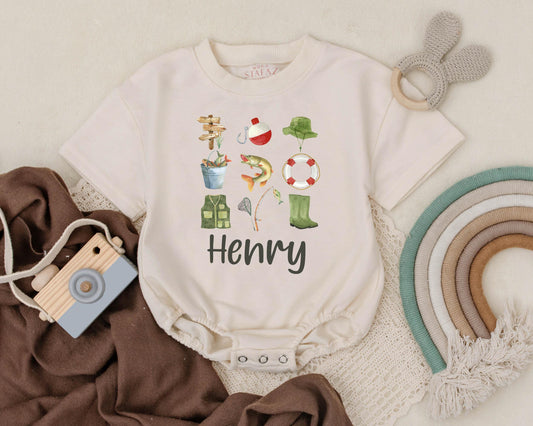 Personalized Baby Boy Fishing Bubble Romper Outdoor Adventure Outfit Custom Father's Day Gift Infant Boy Camping Clothes