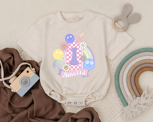 Groovy Smile Face Birthday Romper Custom Name Personalized 1st Birthday Outfit for Girl Retro Bubble Suit Happy Vibes Gift