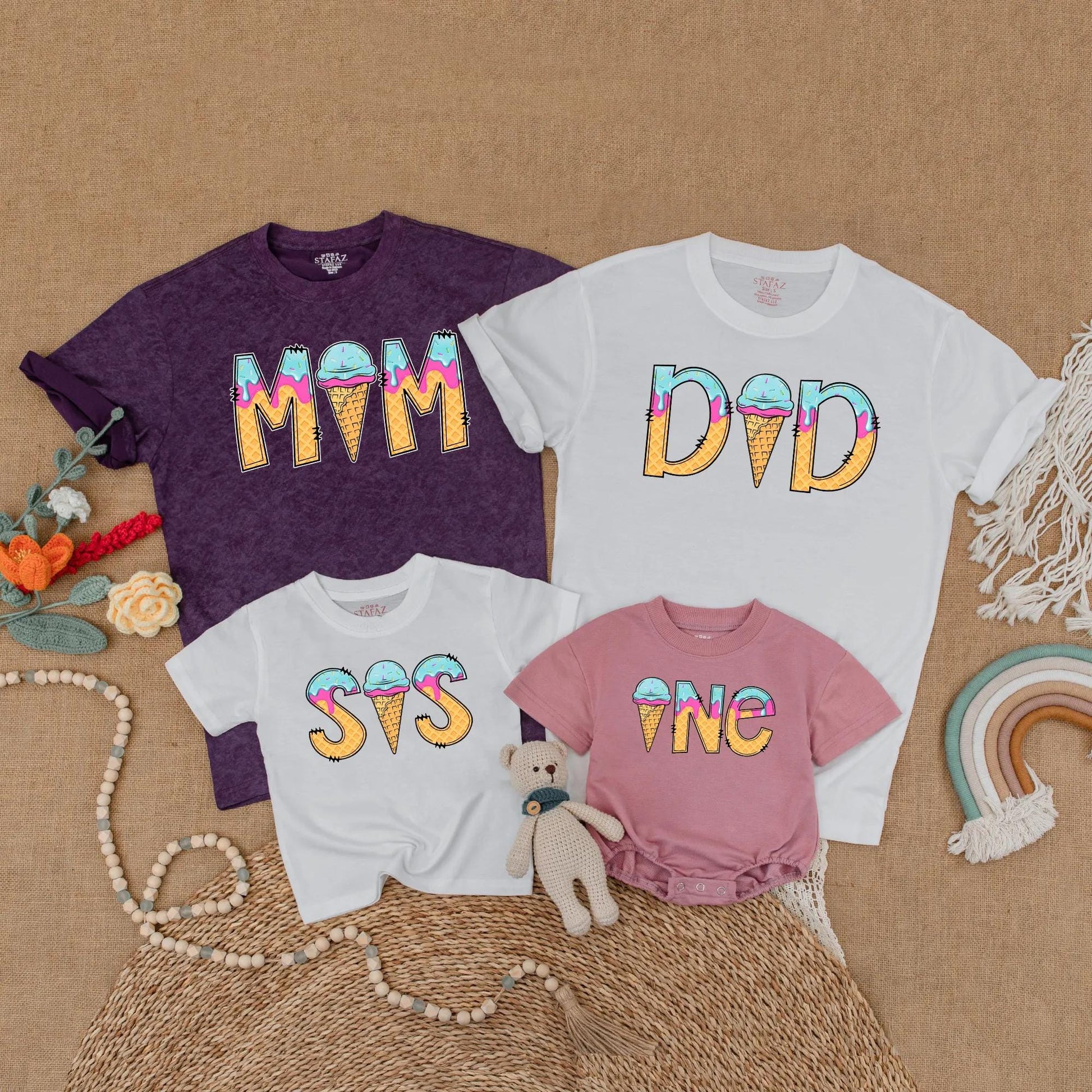 Sweet One Ice Cream Birthday Matching Family Shirts Girl 1st Birthday Outfit Toddler Summer Party Gift Mommy & Me Pastel