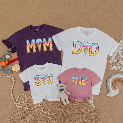Sweet One Ice Cream Birthday Matching Family Shirts Girl 1st Birthday Outfit Toddler Summer Party Gift Mommy & Me Pastel