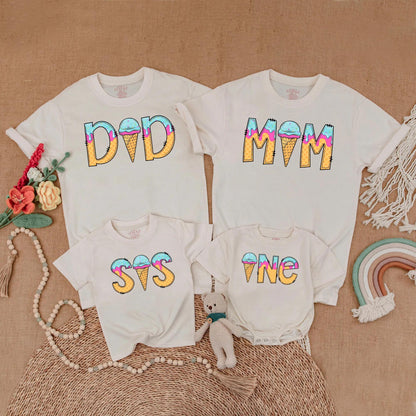 Sweet One Ice Cream Birthday Matching Family Shirts Girl 1st Birthday Outfit Toddler Summer Party Gift Mommy & Me Pastel
