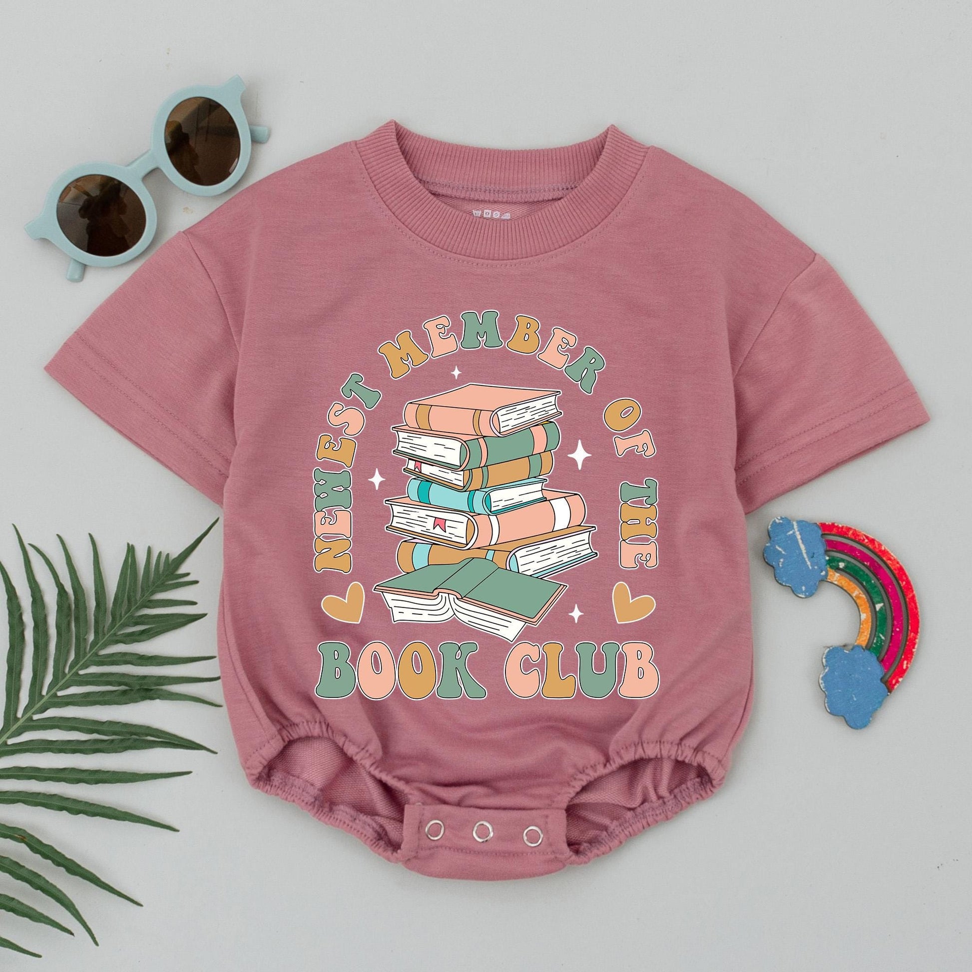 Newest Member of the Book Club Pastel Books Baby Romper Cute Infant Bodysuit Vintage Retro Reading Theme Baby Shower Gift Adorable Hearts Stars Outfit