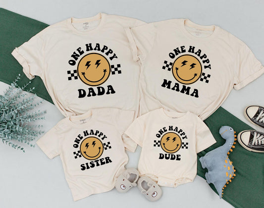 One Happy Dude First Birthday Matching Family Sweatshirt and Bodysuit Outfit with Cute Smile Face Design for Baby Mom Dad Gift Celebration
