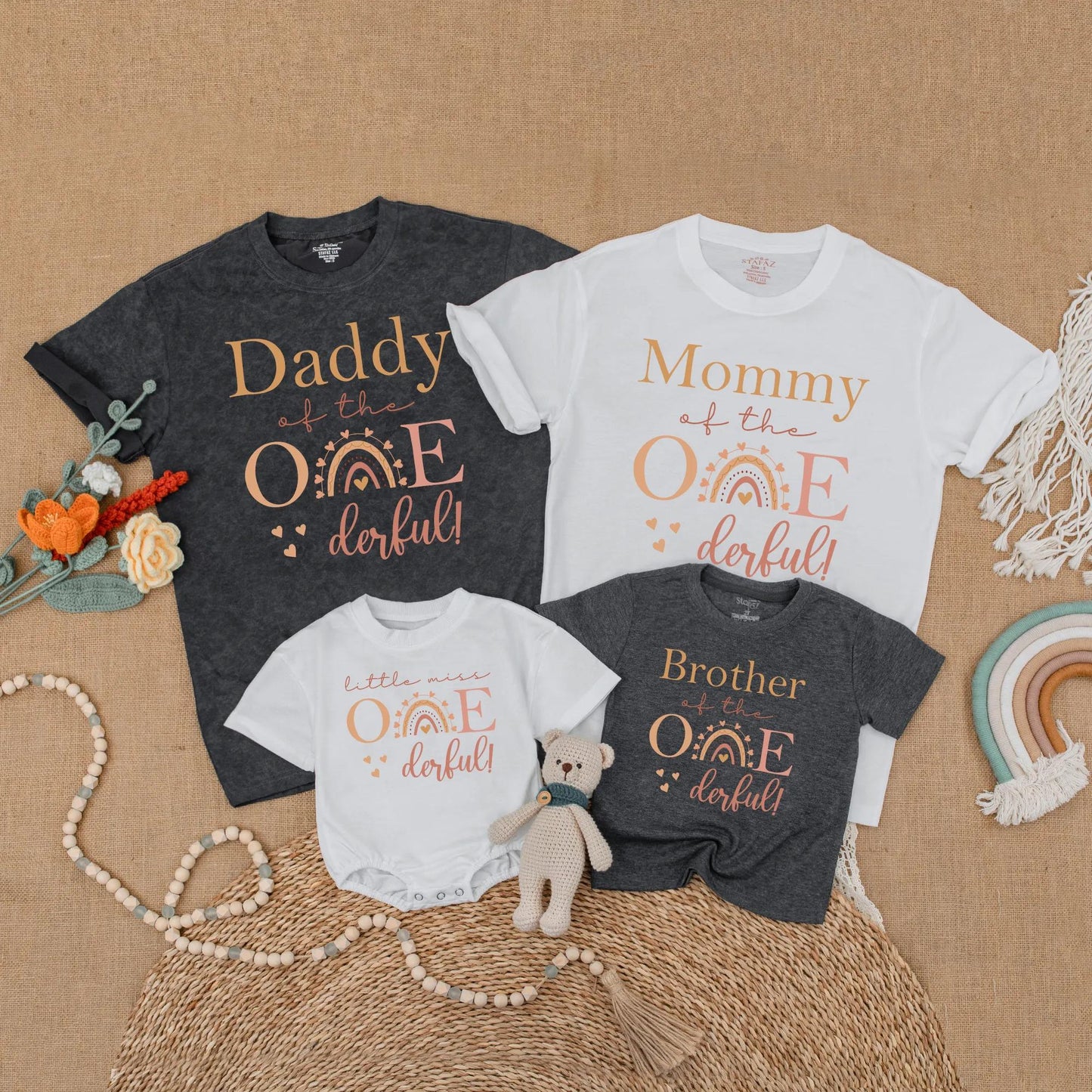 Rainbow Boho One-derful Birthday Family Matching Shirts Little Miss Onederful 1st Birthday Gift for Daughter