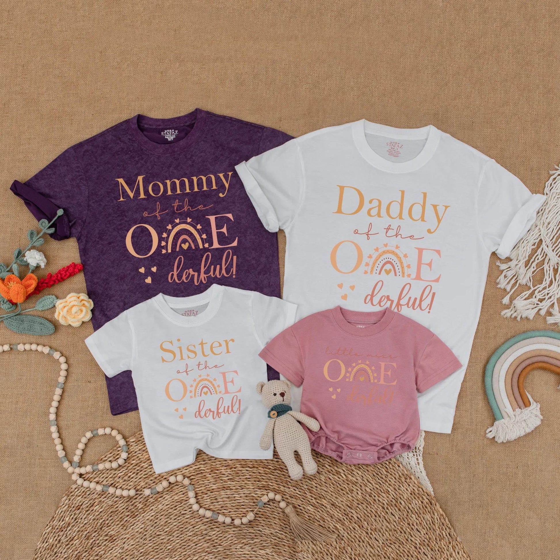 Rainbow Boho One-derful Birthday Family Matching Shirts Little Miss Onederful 1st Birthday Gift for Daughter