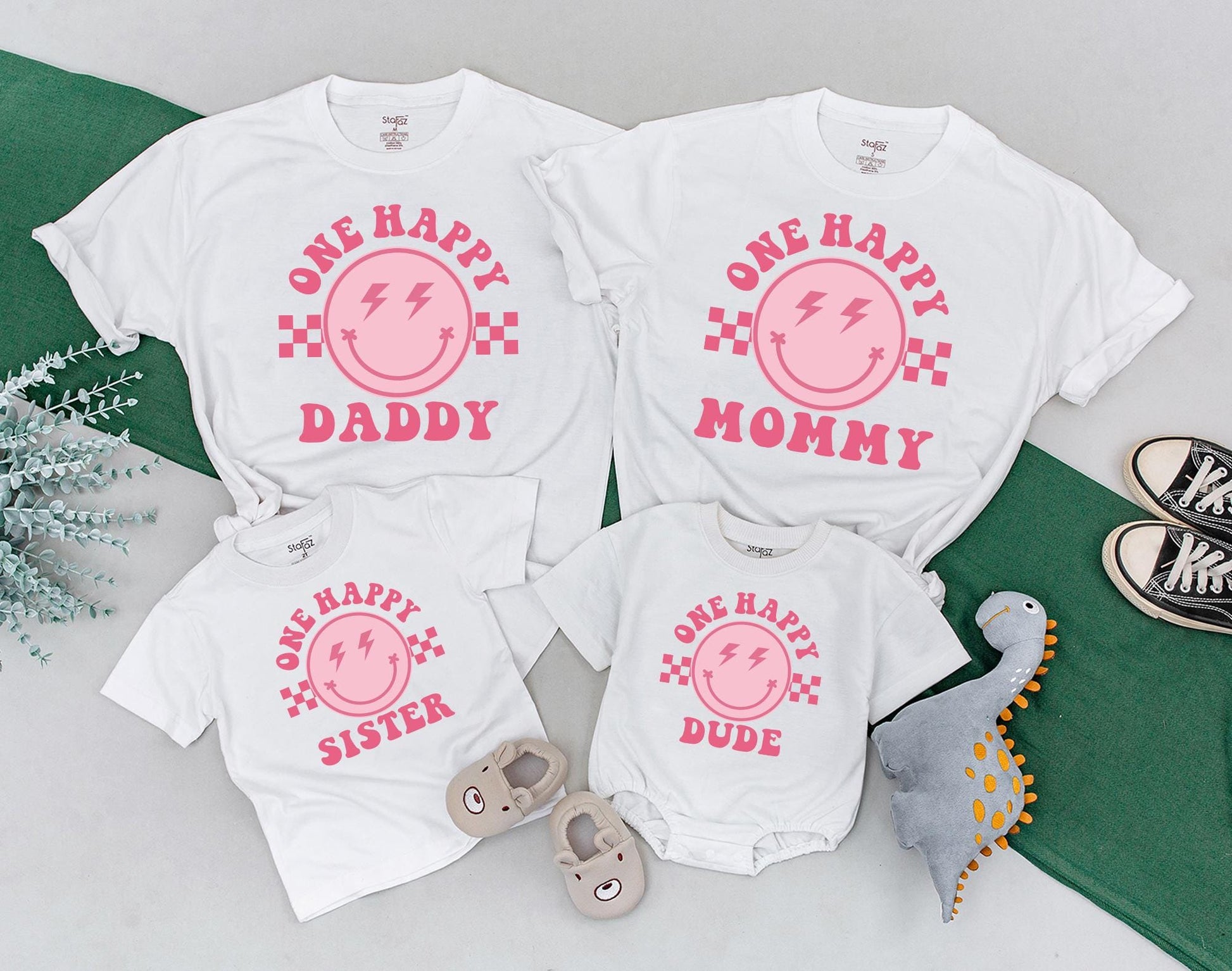 One Happy Dude Matching Family Shirts First Birthday Girl Retro Smiley Face Groovy Party Celebration Soft Cotton Comfortable Toddler Baby Gifts