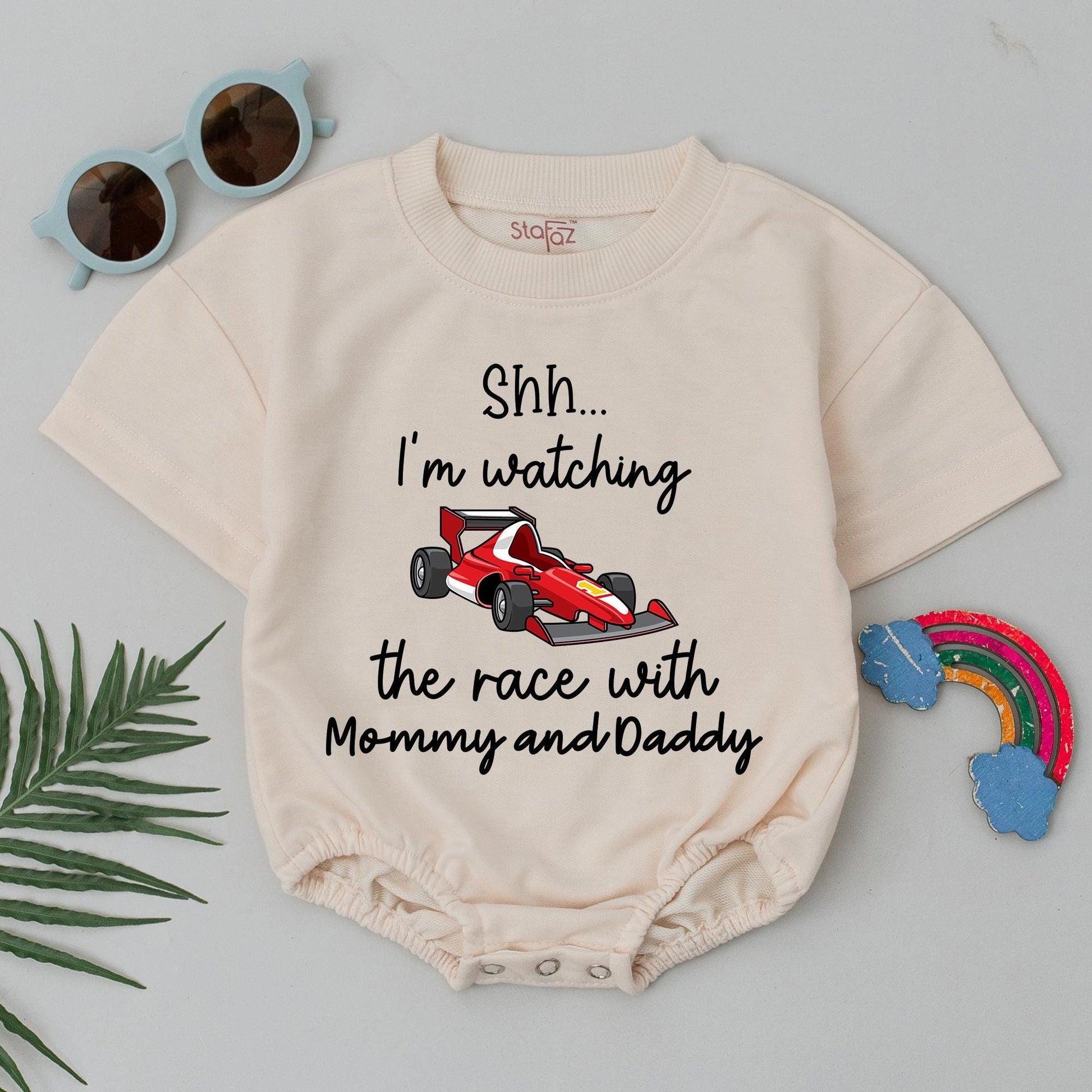 Shh! Racing with Mommy and Daddy Baby Romper - Funny Race Car Outfit Infant Bodysuit Gift - Cute Baby Boy or Girl Clothes - Vibrant Colors