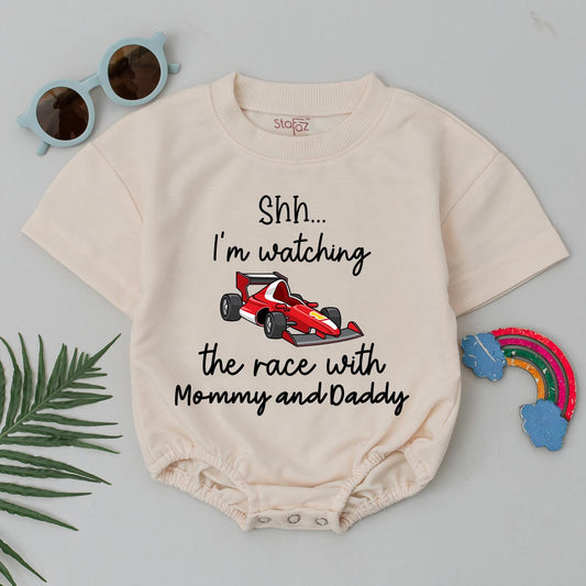 Shh! Racing with Mommy and Daddy Baby Romper - Funny Race Car Outfit Infant Bodysuit Gift - Cute Baby Boy or Girl Clothes - Vibrant Colors