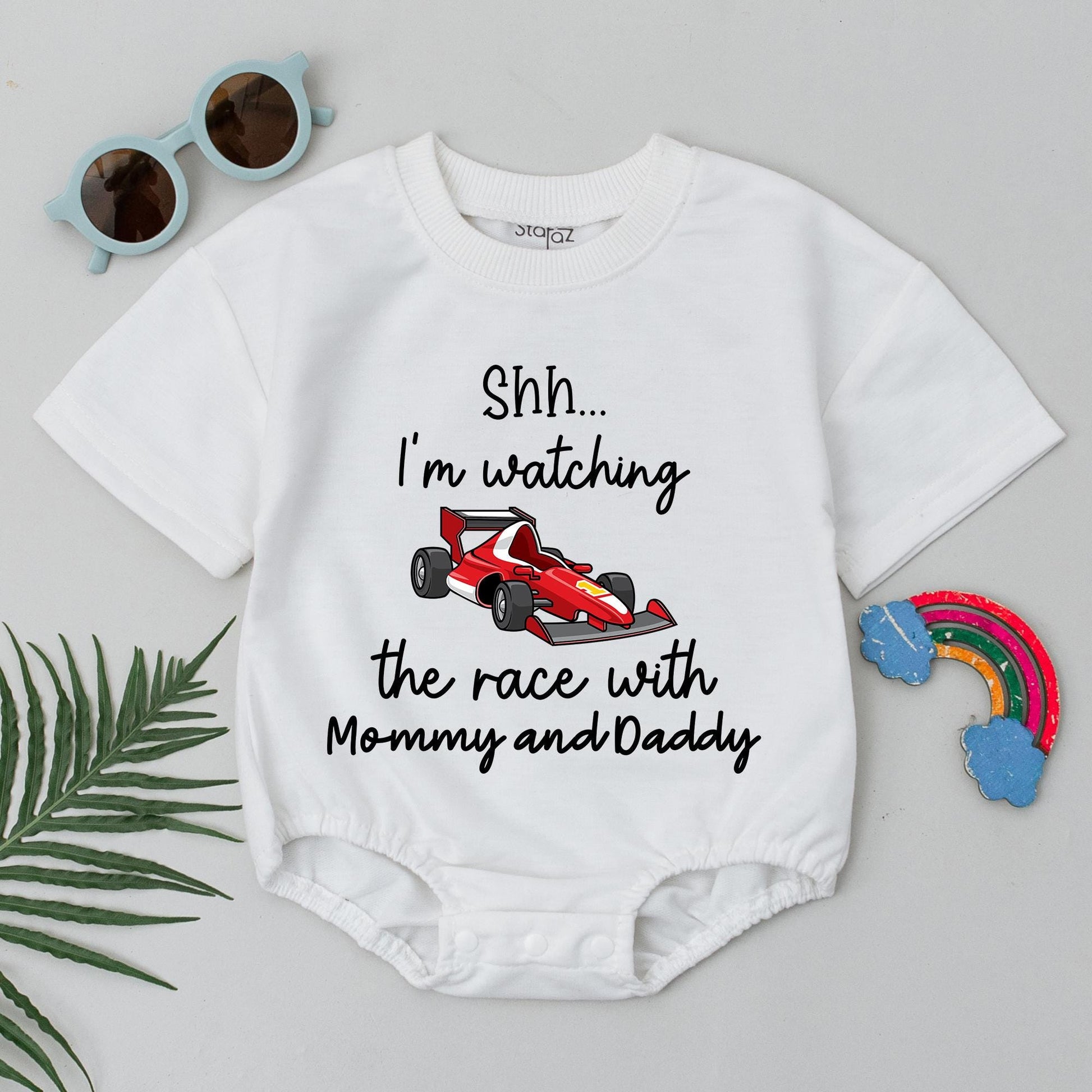 Shh! Racing with Mommy and Daddy Baby Romper - Funny Race Car Outfit Infant Bodysuit Gift - Cute Baby Boy or Girl Clothes - Vibrant Colors
