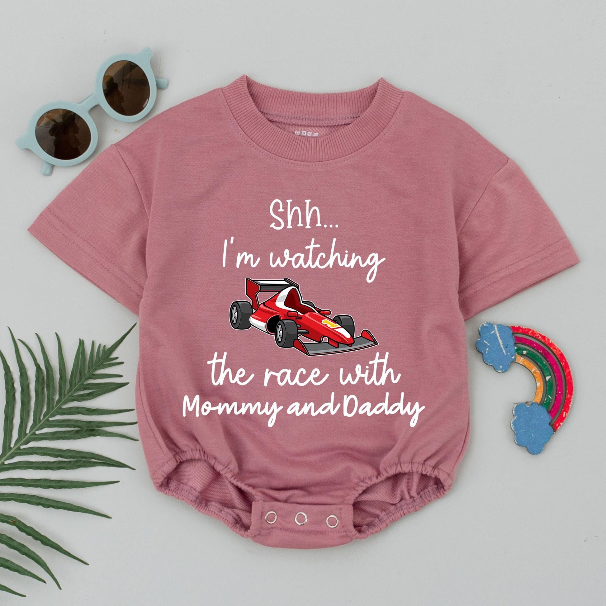 Shh! Racing with Mommy and Daddy Baby Romper - Funny Race Car Outfit Infant Bodysuit Gift - Cute Baby Boy or Girl Clothes - Vibrant Colors