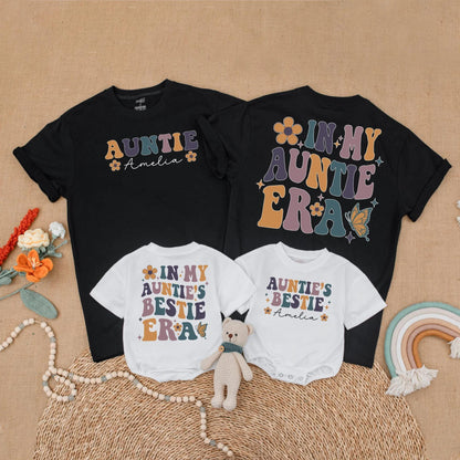 Personalized Retro Auntie Bestie Matching Shirts for Aunt and Baby, 70s Era Floral Sparkle Butterfly Designs, Niece Nephew Gift