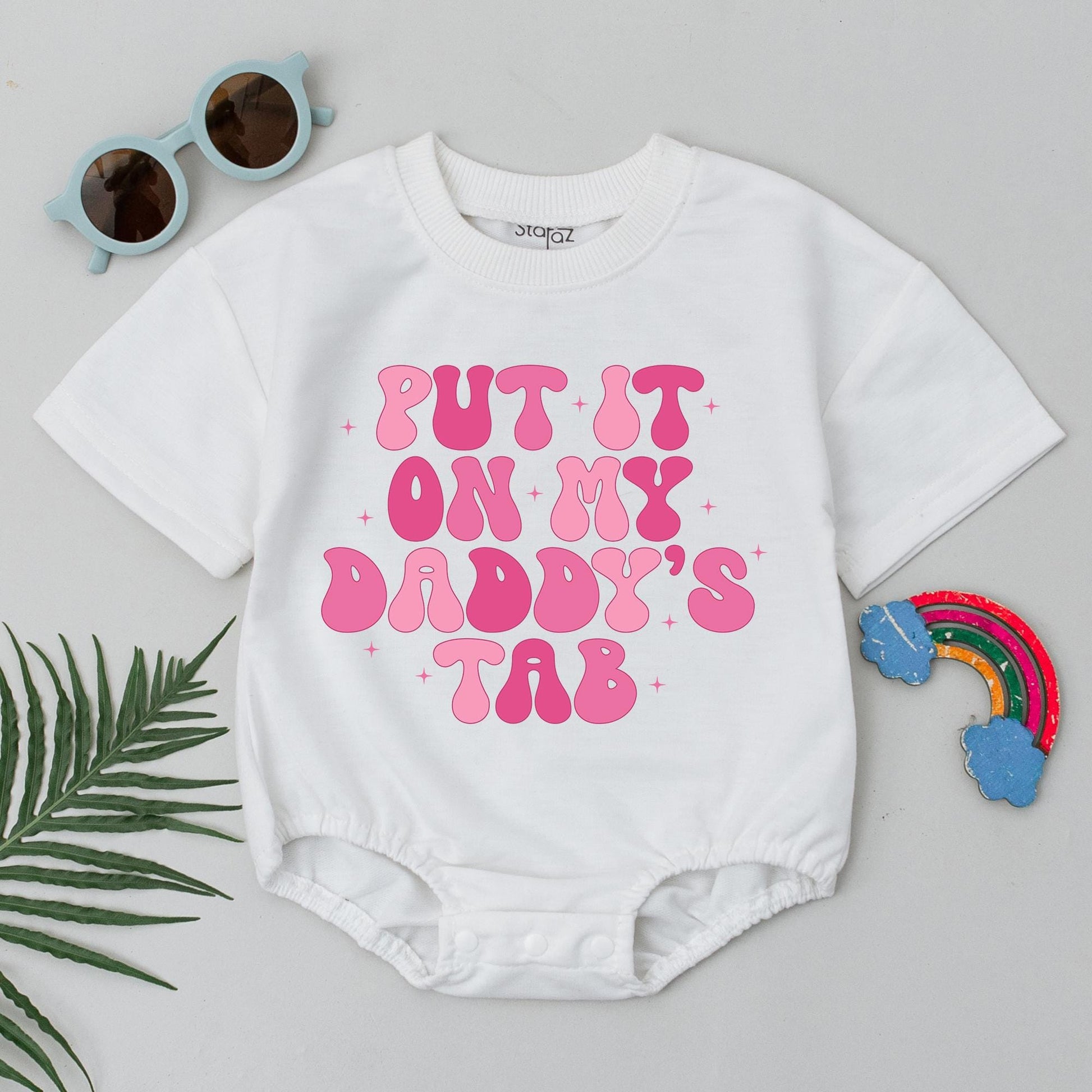 Daddy's Tab Baby Romper - Funny Retro Outfit for Baby Girl - Cute Newborn Bodysuit - First Father's Day Gift - Playful Pink Design Clothes (139 chars)