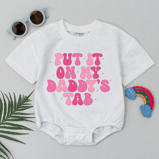 Daddy's Tab Baby Romper - Funny Retro Outfit for Baby Girl - Cute Newborn Bodysuit - First Father's Day Gift - Playful Pink Design Clothes (139 chars)