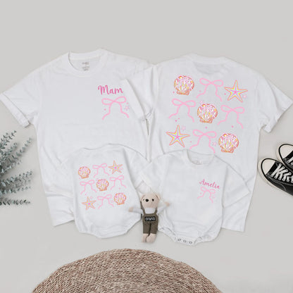 Cute Seashell Bow Matching Family Shirts Mommy and Me Beach Outfits Personalized Amelia Summer Vacation Tees