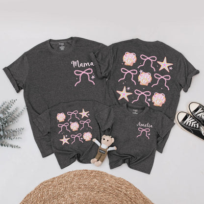 Cute Seashell Bow Matching Family Shirts Mommy and Me Beach Outfits Personalized Amelia Summer Vacation Tees