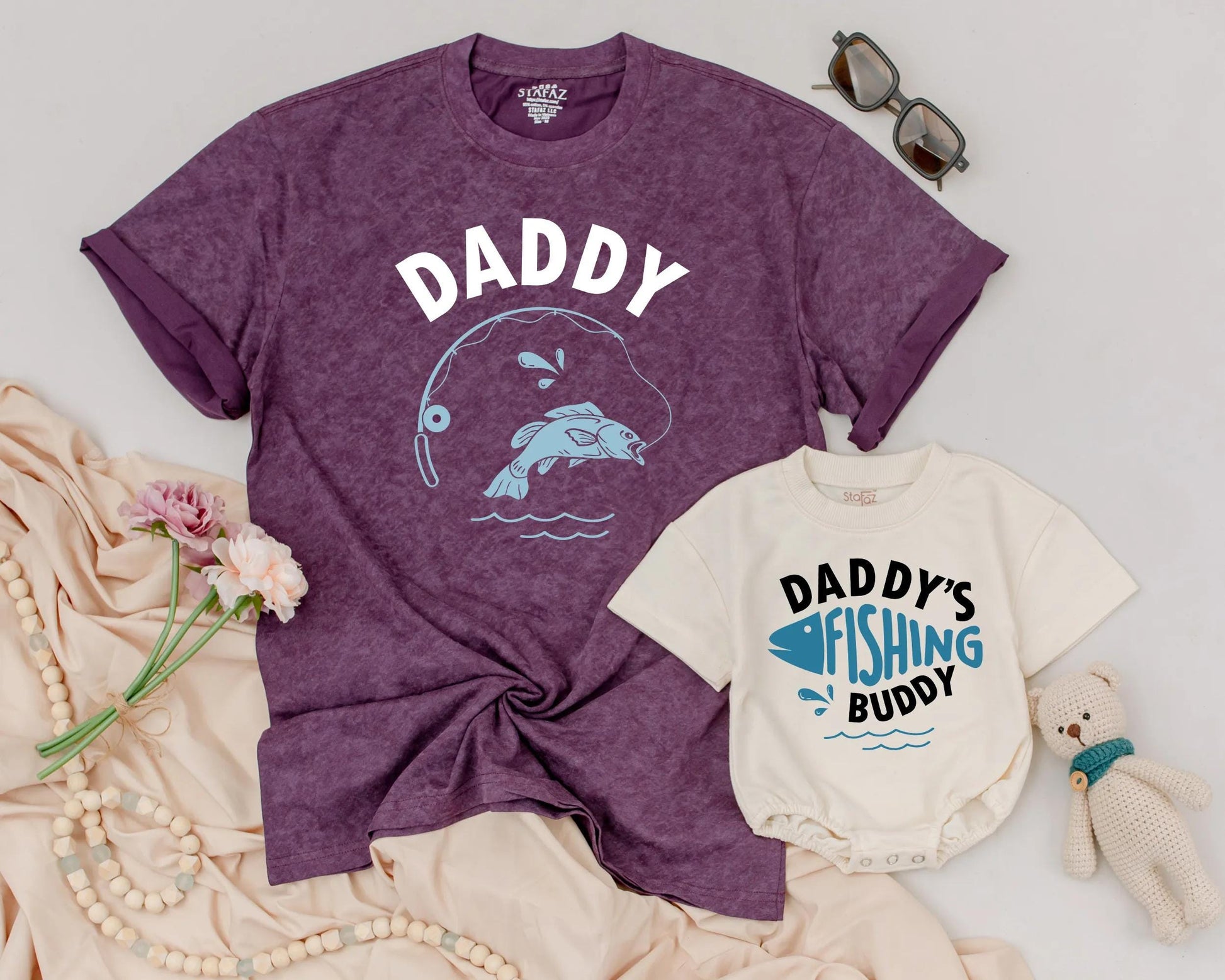 Daddy's Fishing Buddy Matching Dad and Baby Outfit Blue Fish Graphic Father's Day Gift Set