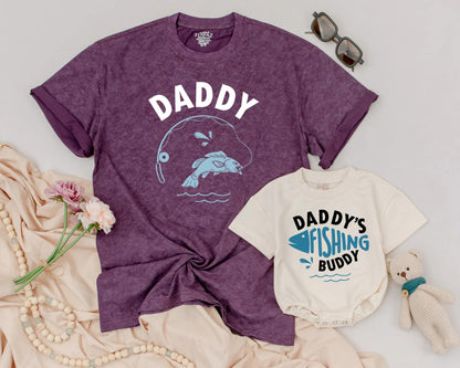 Daddy's Fishing Buddy Matching Dad and Baby Outfit Blue Fish Graphic Father's Day Gift Set