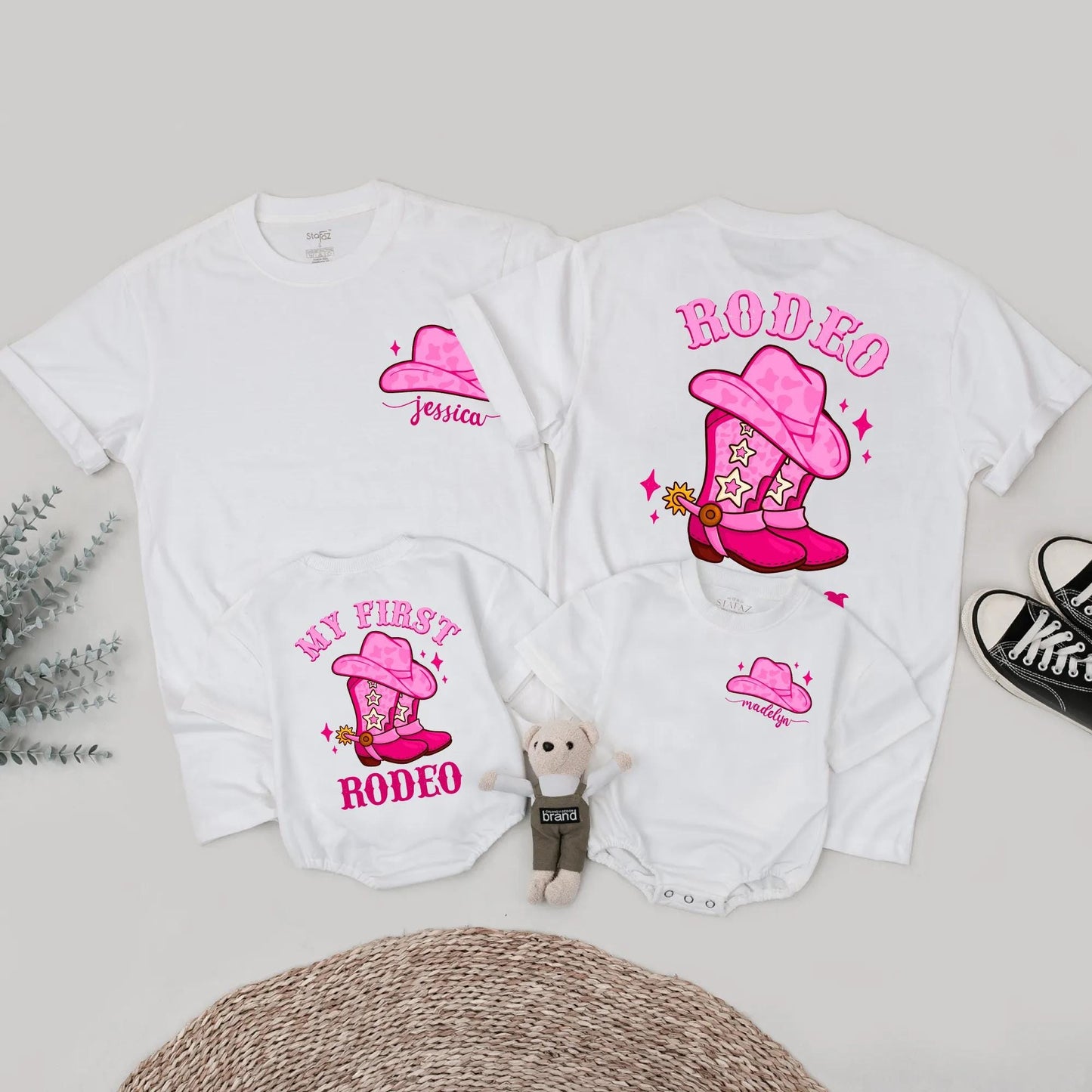 Matching My First Rodeo Pink Birthday Shirt Set for Baby Girl, Toddler & Family – Custom Cowboy Party Outfit, Western Tee with Sparkle