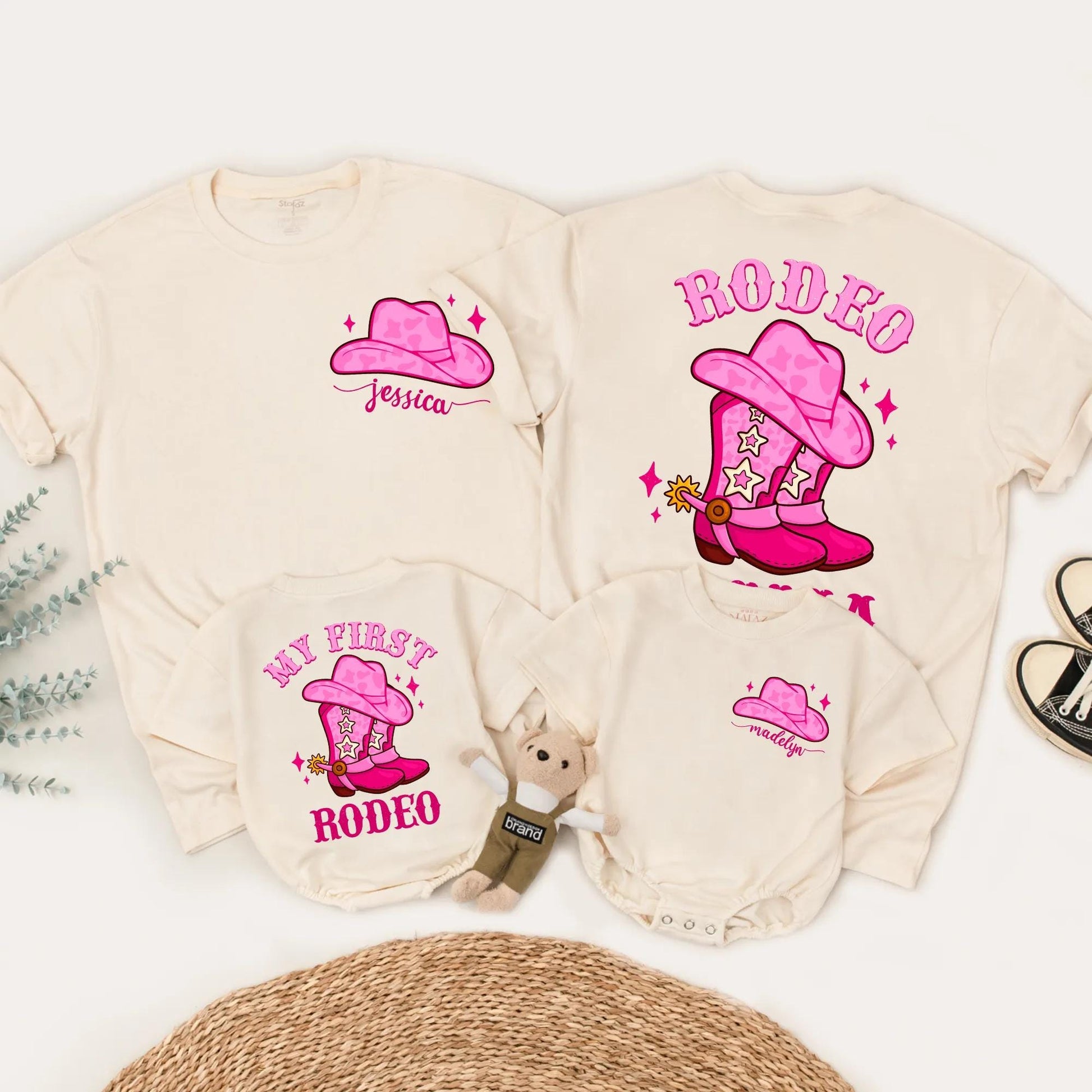 Matching My First Rodeo Pink Birthday Shirt Set for Baby Girl, Toddler & Family – Custom Cowboy Party Outfit, Western Tee with Sparkle