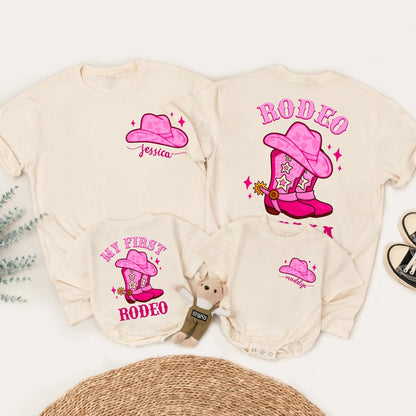 Matching My First Rodeo Pink Birthday Shirt Set for Baby Girl, Toddler & Family – Custom Cowboy Party Outfit, Western Tee with Sparkle