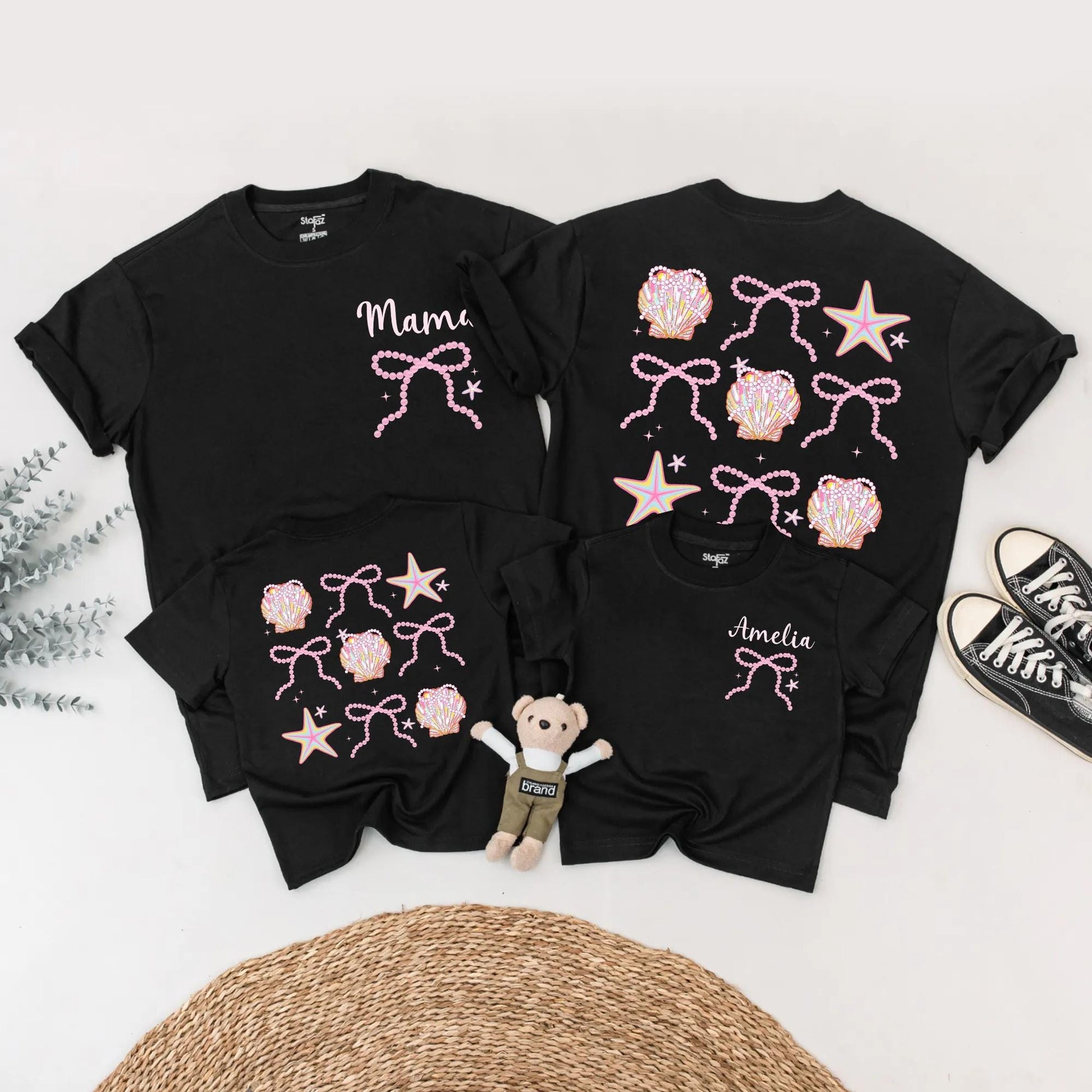 Cute Seashell Bow Matching Family Shirts Mommy and Me Beach Outfits Personalized Amelia Summer Vacation Tees