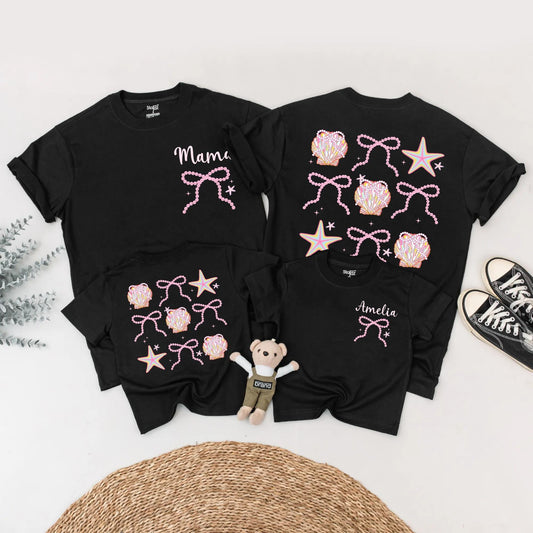 Cute Seashell Bow Matching Family Shirts Mommy and Me Beach Outfits Personalized Amelia Summer Vacation Tees