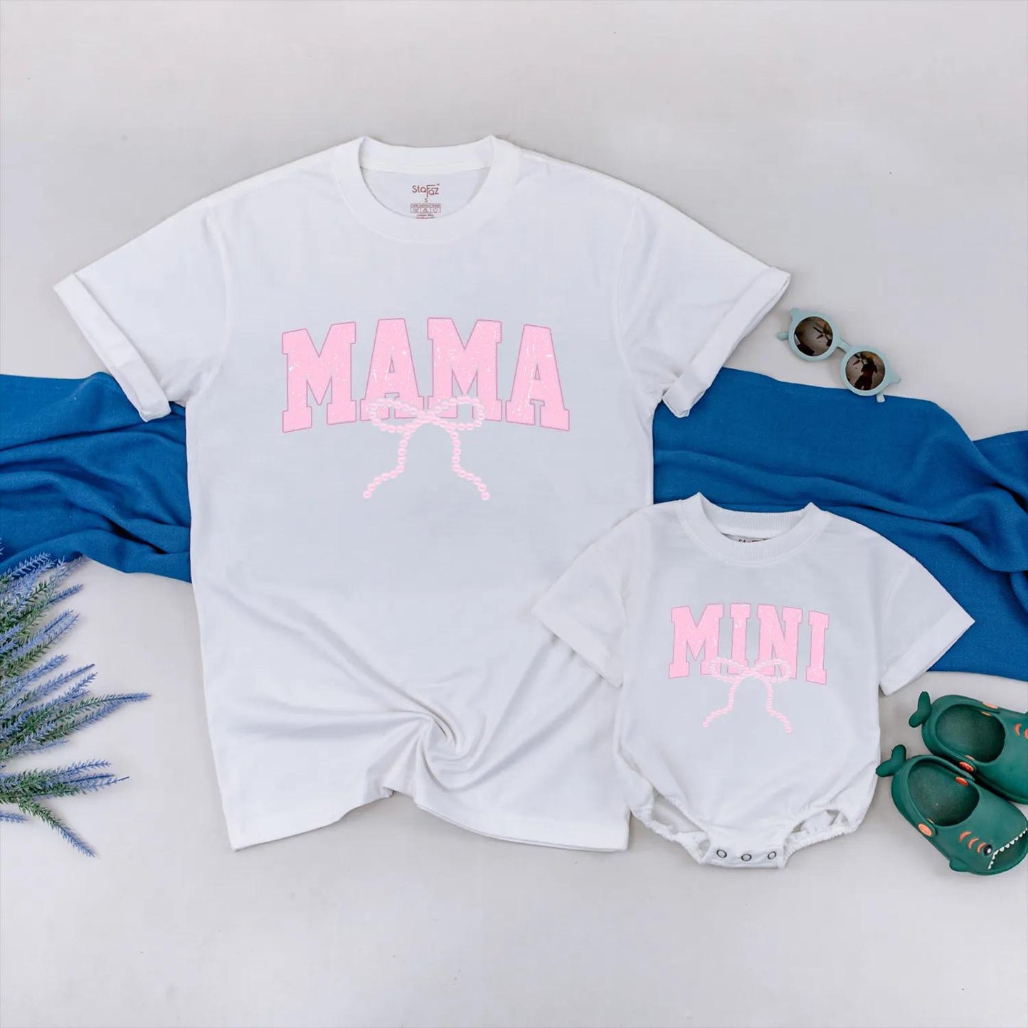 Matching Mama and Mini Pearl Bow Summer Shirts Cute Pink Mom and Daughter Vacation Tees Toddler Girl Outfit Cotton Holiday Casual