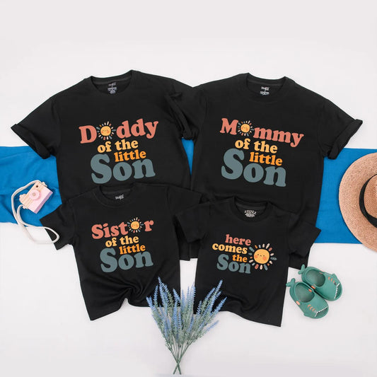 Here Comes The Son Matching Sun Birthday Shirts for Baby Boy Mommy Daddy Sister Summer Party Family Tees