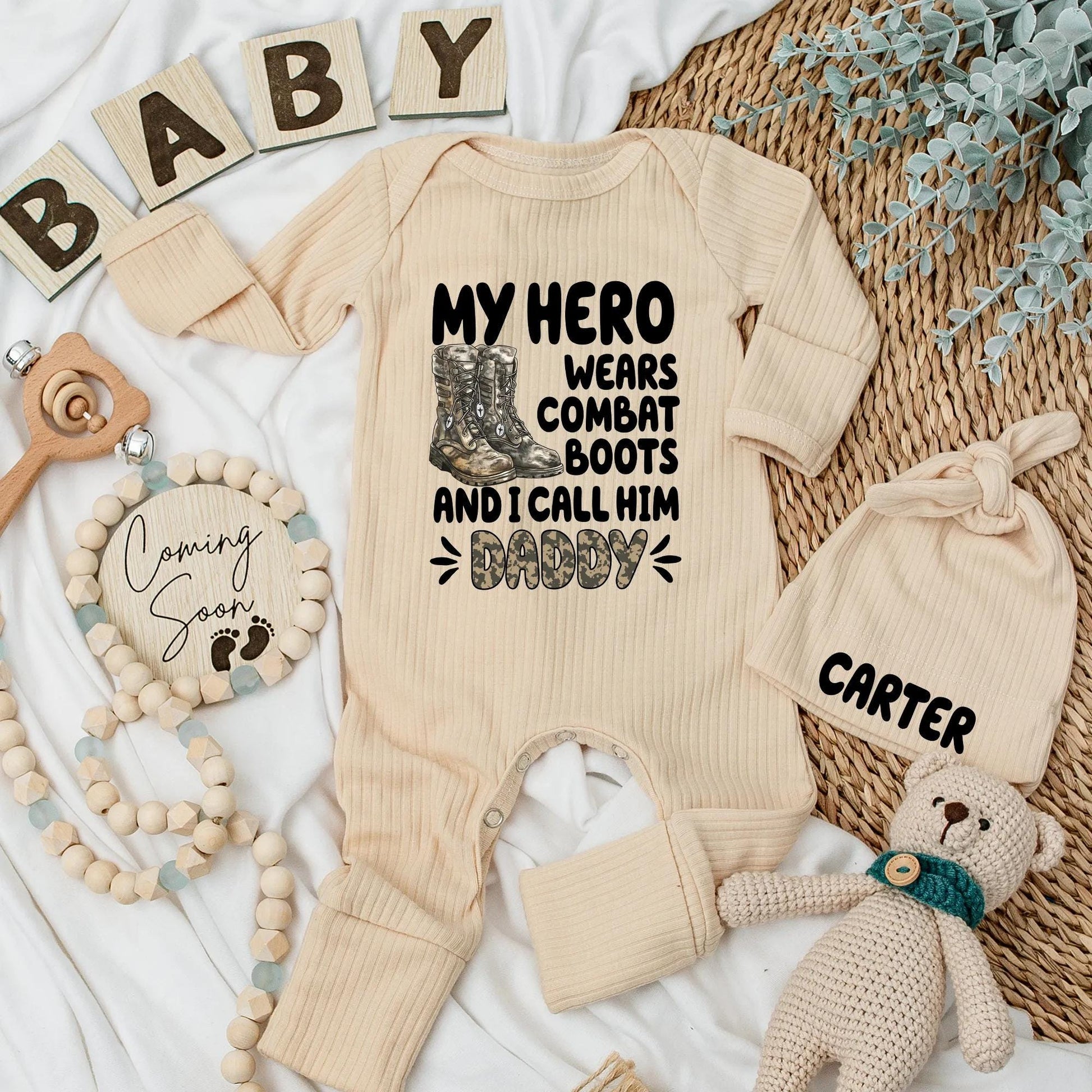 My Hero Wears Combat Boots Personalized Baby Bodysuit, Military Daddy Newborn Outfit, Army Coming Home Gift for Soldier's Son or Daughter