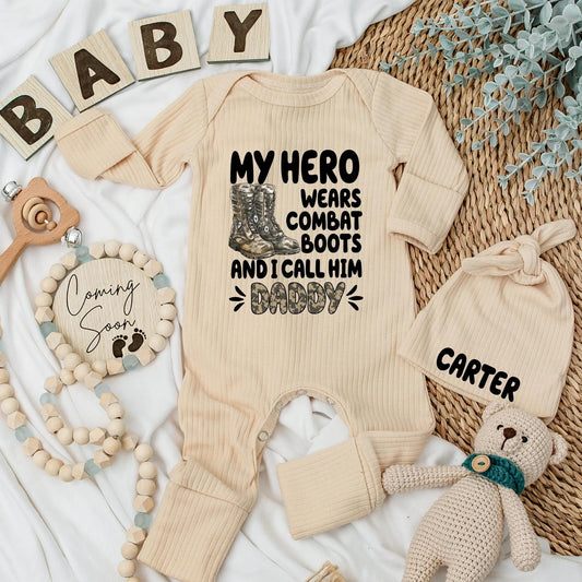 My Hero Wears Combat Boots Personalized Baby Bodysuit, Military Daddy Newborn Outfit, Army Coming Home Gift for Soldier's Son or Daughter