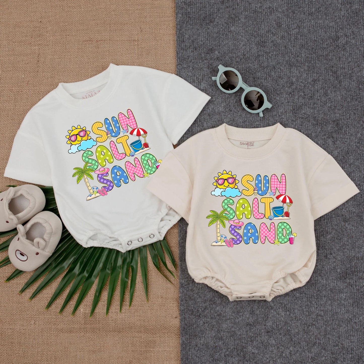 Sun Salt Sand Retro Summer Baby T-shirt Bubble Romper Boho Girl Cute Kid Vintage Infant Short Sleeve Beach Day Outfit Perfect Baby Shower Gift Coming Home