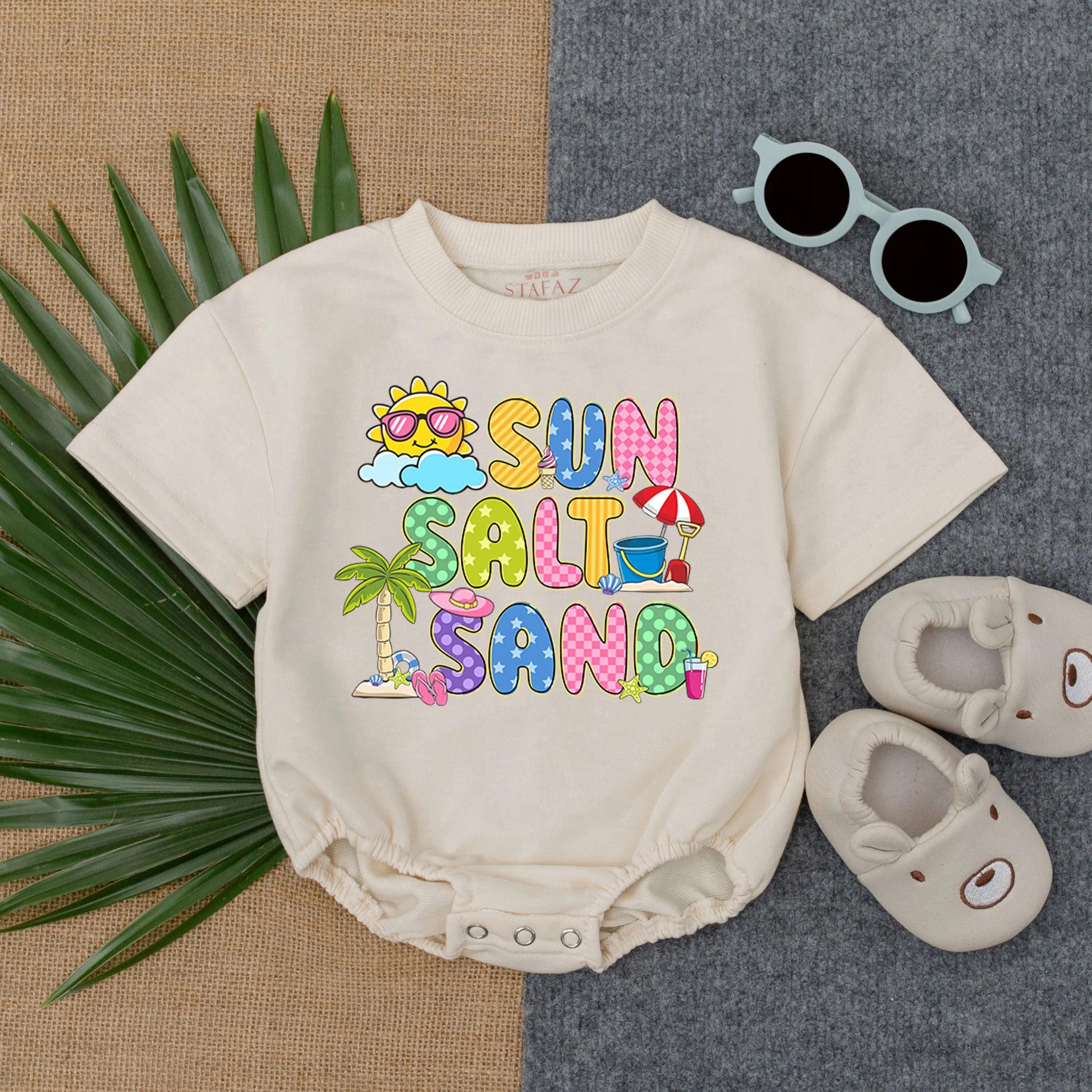 Sun Salt Sand Retro Summer Baby T-shirt Bubble Romper Boho Girl Cute Kid Vintage Infant Short Sleeve Beach Day Outfit Perfect Baby Shower Gift Coming Home