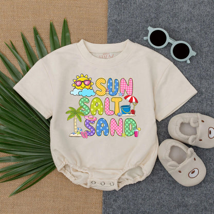 Sun Salt Sand Retro Summer Baby T-shirt Bubble Romper Boho Girl Cute Kid Vintage Infant Short Sleeve Beach Day Outfit Perfect Baby Shower Gift Coming Home