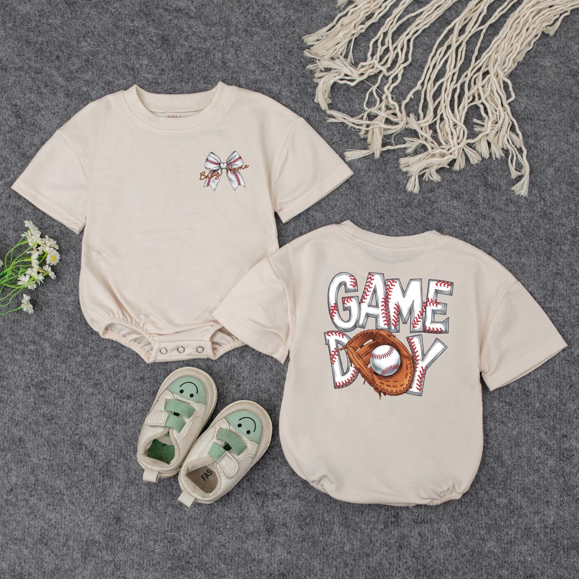Personalized Baseball Baby Gift Set: Custom Name Bow Outfit | Game Day Newborn Shower Keepsake with Glove & Stitched Ball Design, Sports Baby Girl Top