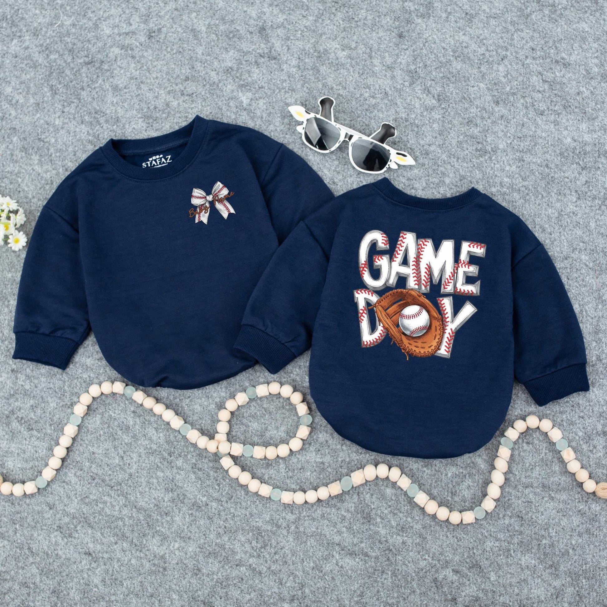 Personalized Baseball Baby Gift Set: Custom Name Bow Outfit | Game Day Newborn Shower Keepsake with Glove & Stitched Ball Design, Sports Baby Girl Top