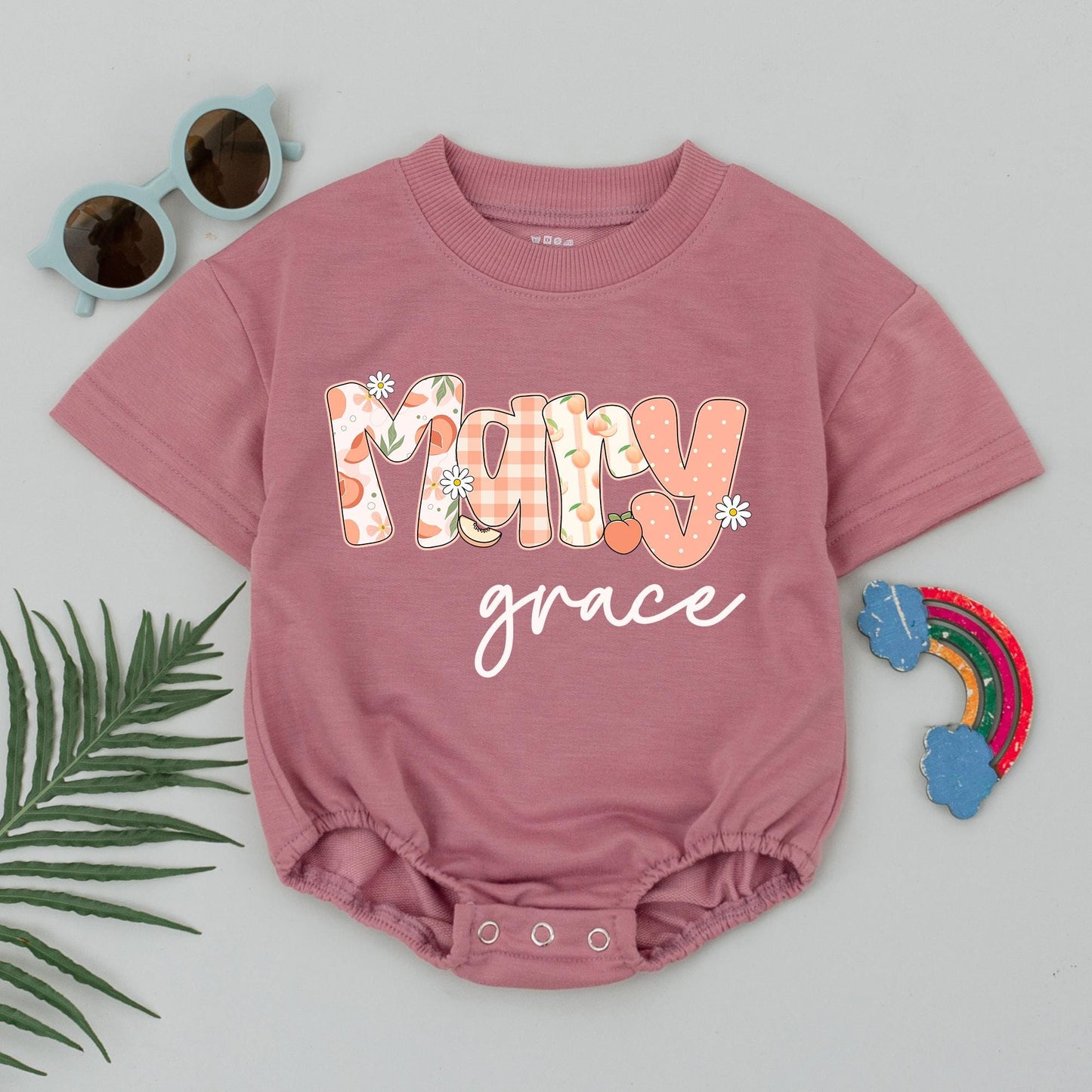 Personalized Peach Baby Bubble Romper - Custom Name Bodysuit for Baby Girl's Birthday - Newborn Peach Outfit Gift