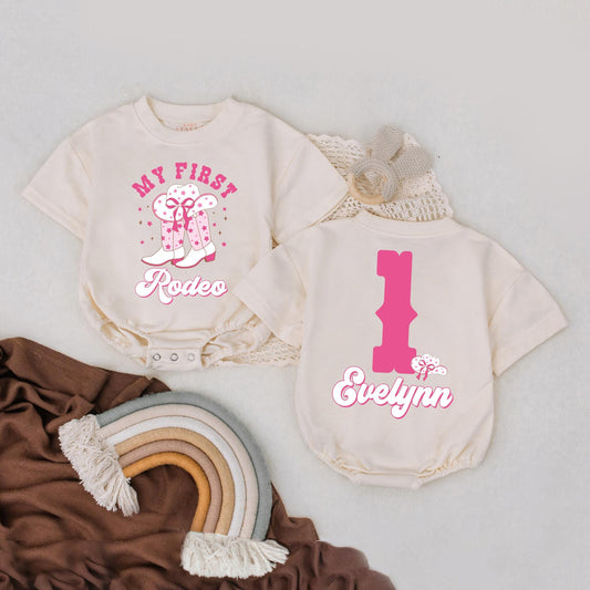 My First Rodeo Outfit Personalized Cowgirl Bubble Romper Western Baby Girl Clothes Retro Birthday Gift Toddler