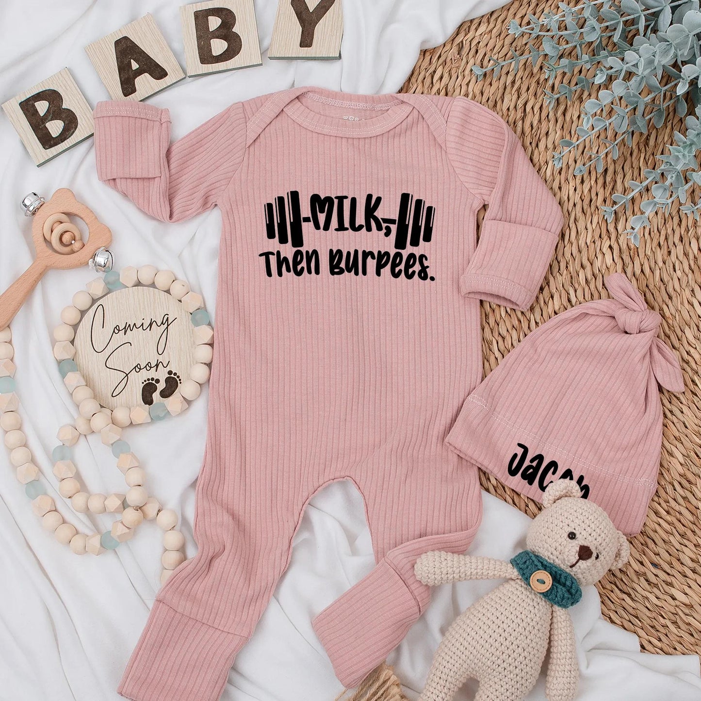 Personalized Milk Then Burpees Baby Bodysuit Funny Gym Workout Clothes Barbell Fitness Newborn Gift Gender Neutral Modern Monochrome Style