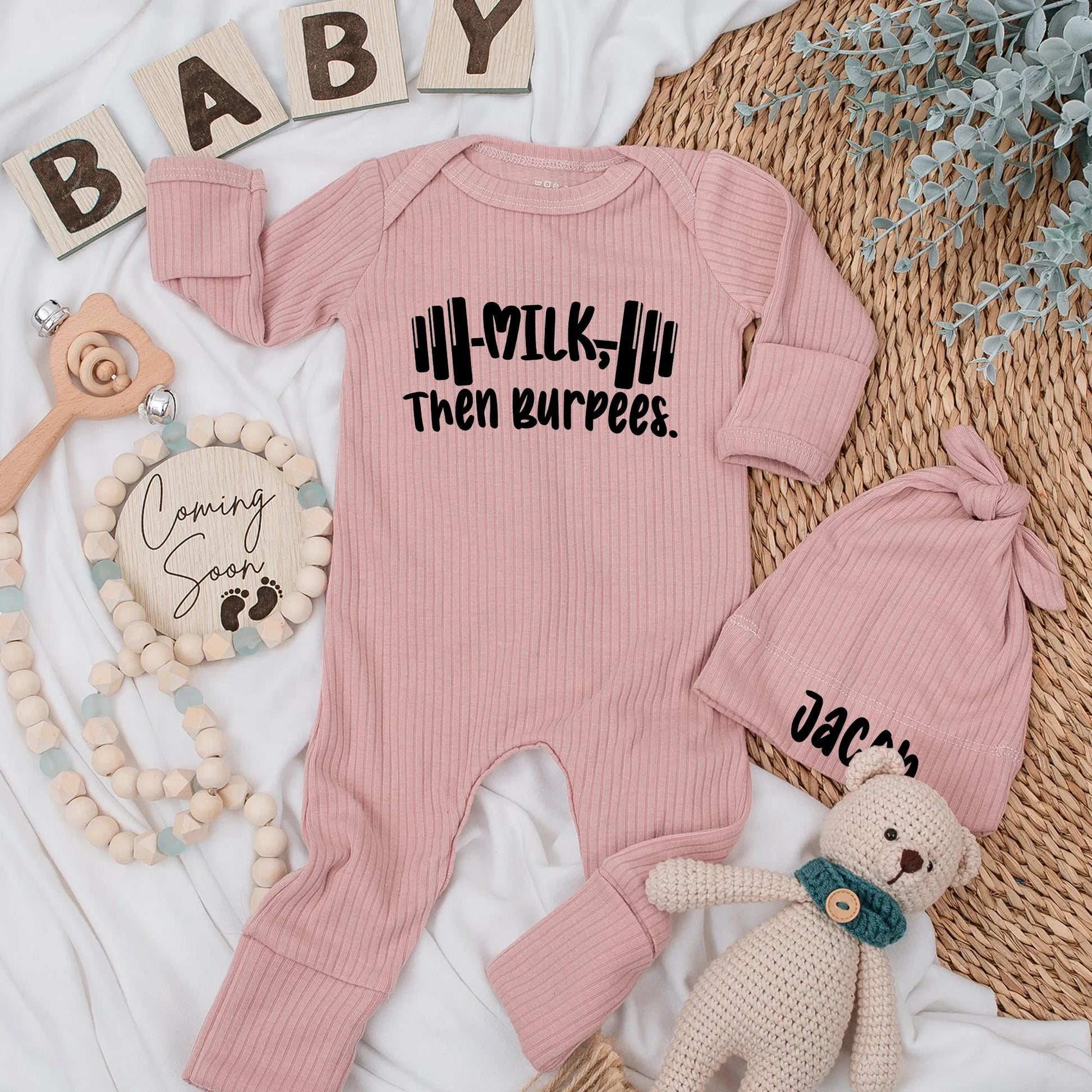 Personalized Milk Then Burpees Baby Bodysuit Funny Gym Workout Clothes Barbell Fitness Newborn Gift Gender Neutral Modern Monochrome Style
