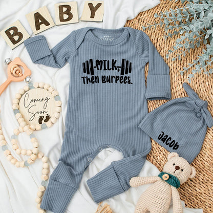 Personalized Milk Then Burpees Baby Bodysuit Funny Gym Workout Clothes Barbell Fitness Newborn Gift Gender Neutral Modern Monochrome Style